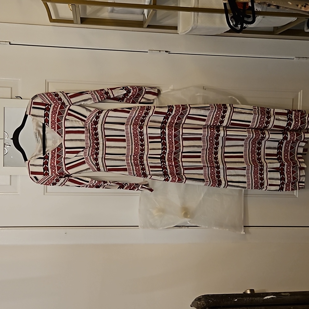 Patterned Red, Gray, and Black Long-Sleeve Maxi Dress